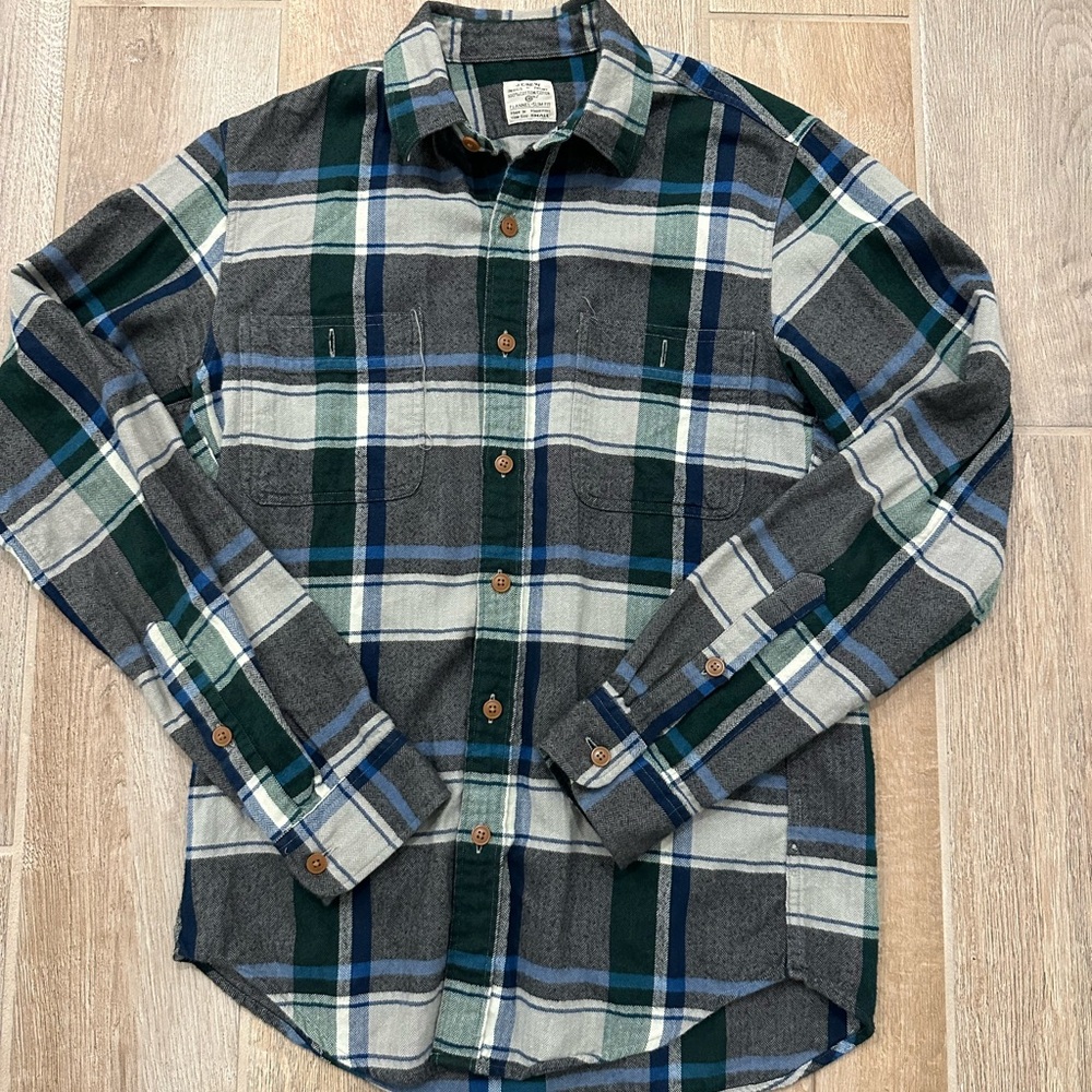 J. Crew Men's Plaid Shirt - Gray, Green, and Blue